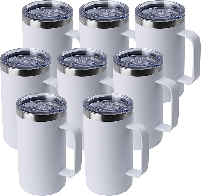 DOMICARE 24oz Mug with Handle and Lid, Stainless Steel Coffee Mug, Travel Mug with Handle, Double Wall Vacuum Coffee Tumbler, Reusable Insulated Cup, White, Pack 8