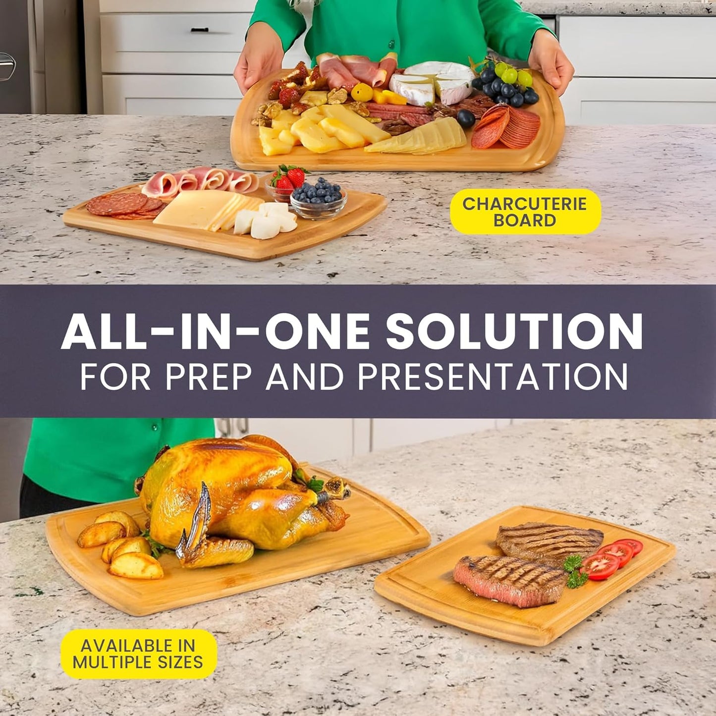 Extra Large Bamboo Cutting Board Set of 2 – Wood Cutting Boards for Kitchen with Glue-Free Surface™ & Juice Groove – Non-Toxic Wooden Chopping Boards, FSC-Certified, Durable Carving Boards