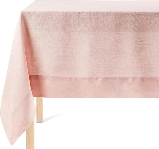 over&back 100%-Linen Woven Tablecloth - Colorful Dining Room Table Cover - Mitered Corner Hems - Machine Washable - Kitchen and Home Decor - Pink - 70x90