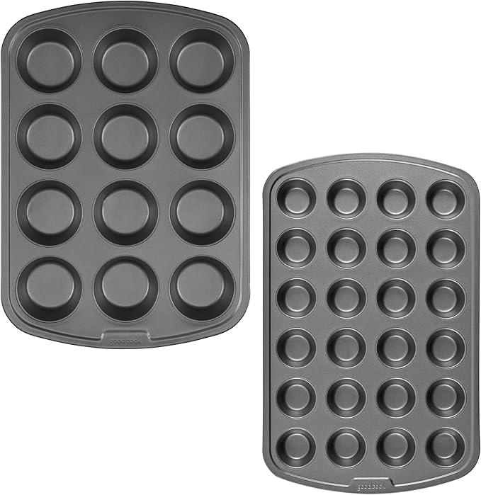 GoodCook Set of 2 Everyday Nonstick 12 cup standard and 24 cup mini Muffin Pan, Gray