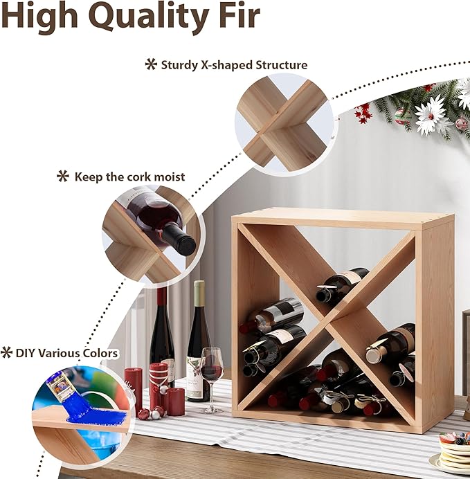 JAXPETY 96 Bottle Wine Rack Countertop Wine Storage Cube Freestanding Wine Holder Wood Storage Shelf for Home Kitchen Bar