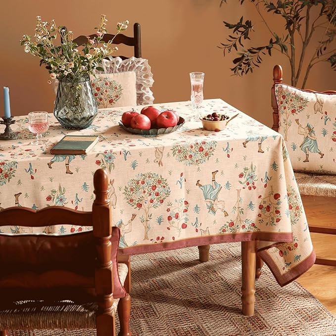 patdrea Designer Beige Tablecloth for Rectangle Tables,Vintage Elegant French Linen with Trees and Kids Pattern Table Cloth,Farmhouse Table Cover Cloth Decor for Kitchen Dining Christmas,55"*71"