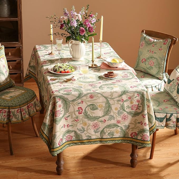 patdrea Designer Small Green Tablecloth for Square Tables,Vintage Linen with Leaves and Flowers Pattern Tablecloths,Farmhouse Floral Table Cover Cloth Decor for Kitchen Dining Christmas,55"*55"