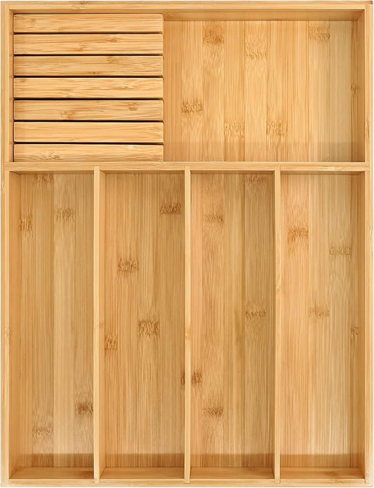 VaeFae Bamboo Silverware Organizer (Non-expandable), Utensil Holder for Drawer, Wooden Cutlery Tray with Divider for Kitchen Drawer, Utensil Organizer with Knife Block