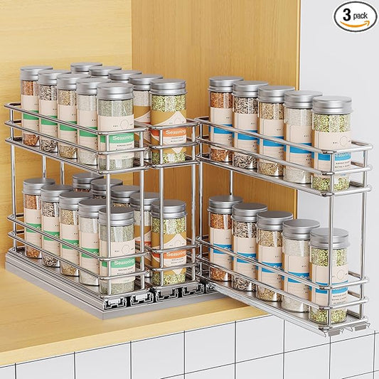 Pull Out Spice Rack Organizer for Cabinet, Slide Out Spice Racks, Easy to Install, 2.1''Wx10.35''Dx8.26''H, 3 Drawers 2 Tiers(Silver)