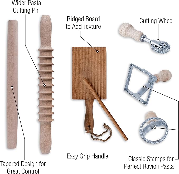 Complete 6 Pcs Pasta Making Tool Set Includes Two Ravioli Stamp Maker Cutter And Roller Wheel Set, Two Pasta Rolling Pins, Gnocchi Board By Cotswold Homeware Co