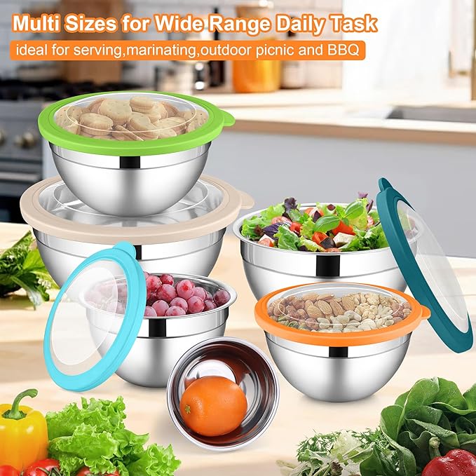LIANYU Metal Mixing Bowls with Visible Lid Sets of 6, Large Size 7, 3.5, 2.5, 2, 1.5, 1QT, Stainless Steel Nesting Serving Bowl for Kitchen, Baking, Storage, Food Prepping, Cooking, Multi-Color