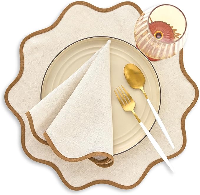 Solino Home Linen Scallop Cloth Napkins Set of 4-100% Pure Linen Brown Sugar and Natural Dinner Napkins 20 Inch for Fall, Autumn - Giselle Scallop Edge, Handcrafted and Machine Washable