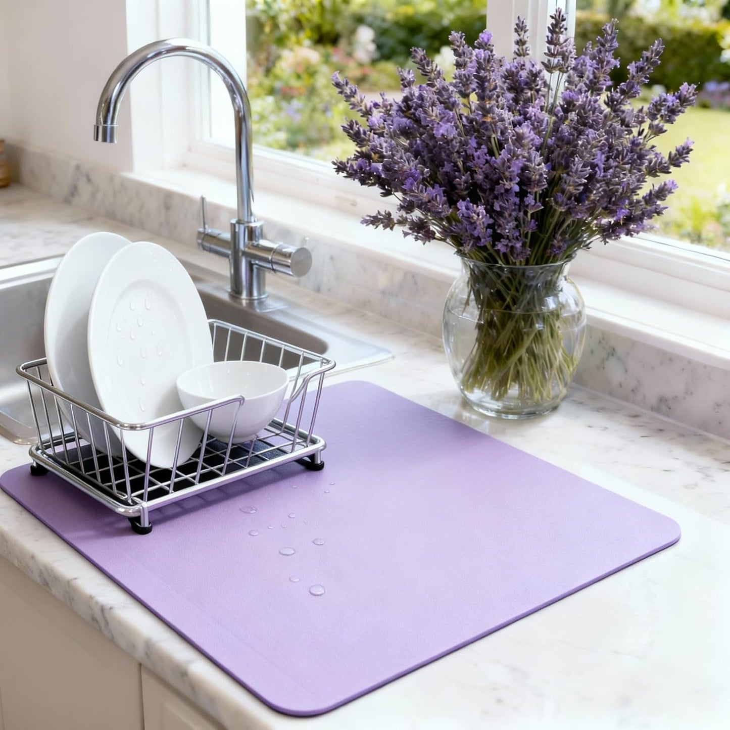 Dish Drying Mat Super Absorbent – 16" x 18" Coffee Mat for Countertops – Non-Slip Drying Mat for Kitchen Counter – Easy to Clean Water Absorbent Mat – Large Dish Drying Mats (Lavender)