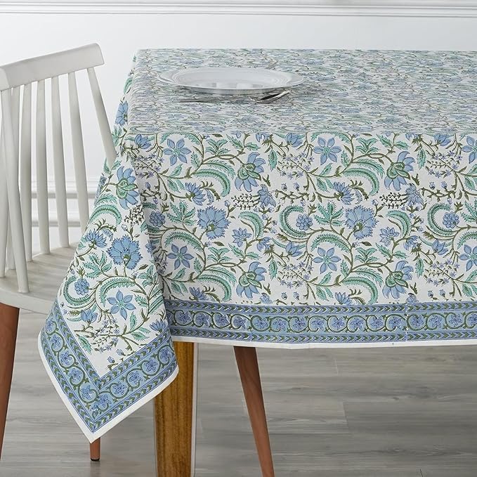 Ridhi Columbia Blue Hand Block Print Cotton Rectangle Tablecloth 120 x 80 inches Reusable Table Cover Decorative Everyday Use for Dining Room, Farmhouse, Home, Party, Festive & Wedding, Fall