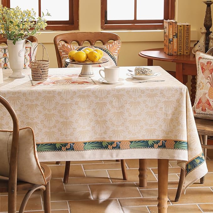 patdrea Designer Orange Tablecloth for Rectangle Tables,Pineapple Tree Pattern Linen Tablecloth,Tropical Style Fruit Table Cover Cloth Decor for Kitchen Dining Christmas,67"*118"
