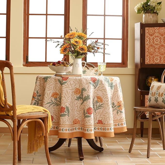 patdrea Designer Floral Linen Table Cloth Durable Breathable Tabletop Cover Dacorative Kitchen Dining Tablecloth for Round Tables for Kitchen Dining Parties,Holiday Christmas,Diameter 67"
