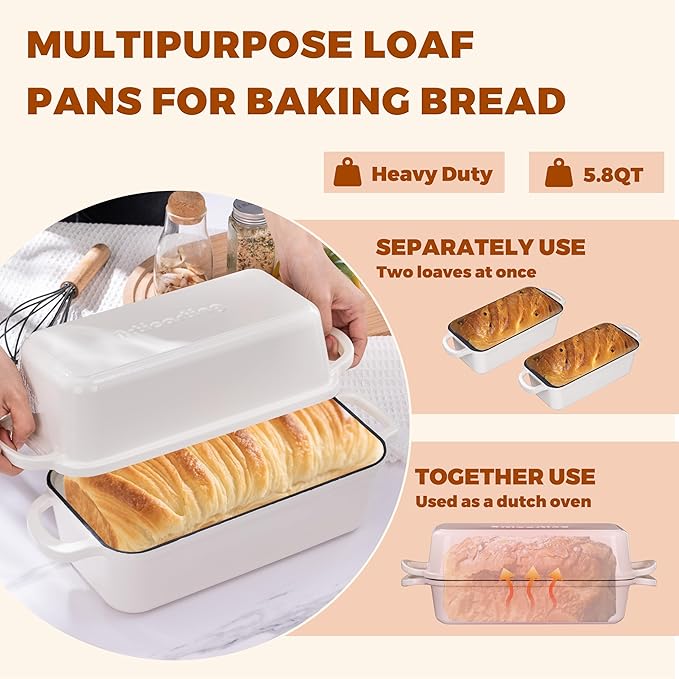 11x5 Inch Cast Iron Bread Loaf Pan With Lid, 5.8 Qt Large Loaf Pan for Sourdough Bread Baking, Heavy Duty Dutch Oven Bread Pan For a Crispy Crust (Cream White)