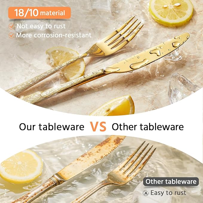 KINGSTONE Gold Hammered Silverware Set, Flatware Set with Serving Utensils, 18/10 Stainless Steel Premium Cutlery with Unique Ripple Handles Design Mirror Polished - Dishwasher Safe (65-Piece)