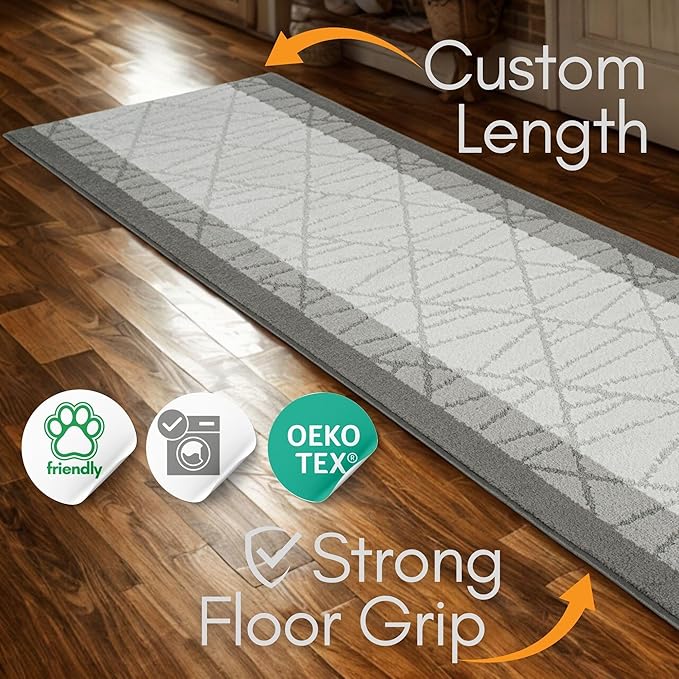 40 ft Grey Extra Long Hallway Rug | Custom Length – Cut to Fit Your Space | Slip Resistant, Non-Skid Backed | Easy to Clean, Washable, Durable, Pet Friendly | 2'1" x 40'1'' Runner Size | REMNAZ