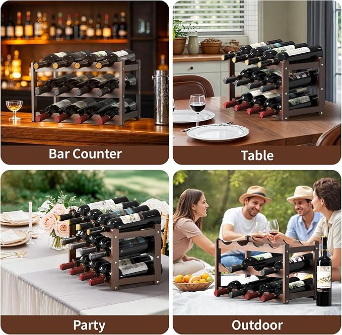 Wine Rack,Bamboo Wine Racks Countertop,Sturdy Wine Rack for Inside Cabinet &Freestanding Floor, 3-Tier 12 Bottles Racks for Kitchen,Cabinets,Home Bar,Wine Storage Racks(3-Tiers)