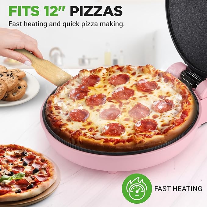NutriChef Countertop Pizza Maker | 1500W Non-Stick Electric Pizza Cooker | Make 12" Personal Pizzas, Eggs, Toast, Quesadillas & More | Cool-Touch Handles & Space Saving | Temp Range 175-400°F | Pink