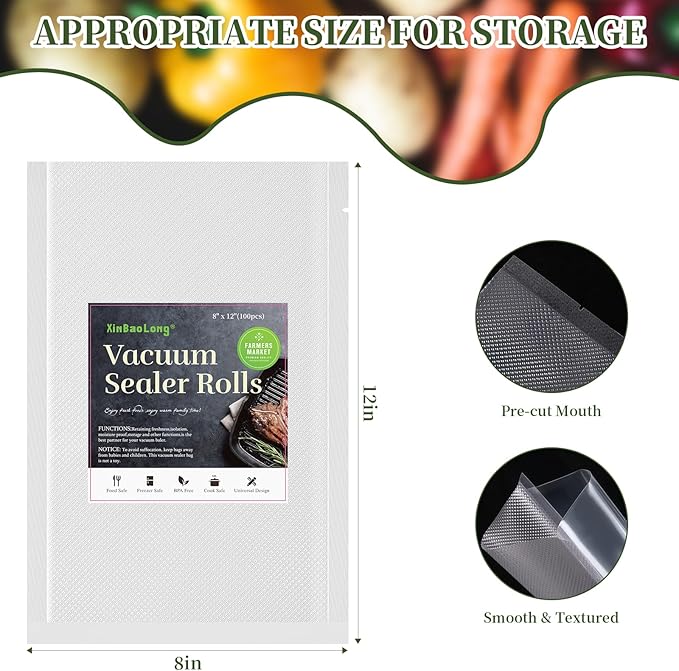 Vacuum Sealer Bags For Food,100 Quart 8" x 12",Commercial Grade BPA Free Bag, Durable Customized Size Food Vac Bags for Storage and Sous Vide Cooking，Puncture Prevention