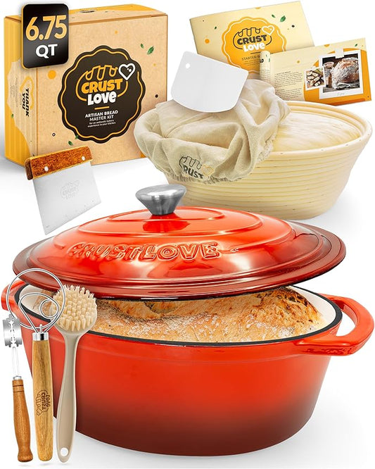 Dutch Oven for Bread Baking - incl. Sourdough Bread-Baking Supplies like Banneton Bread-Proofing Basket - 6.75QT Enameled Oval Cast Iron Bread-Oven with Lid, Bread-Pan Sour Dough Starter Kit