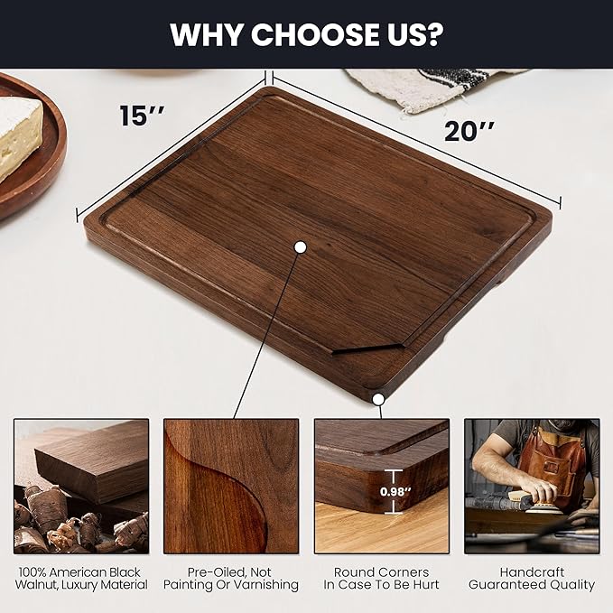 Walnut Wood Cutting Board for Kitchen with Deep Juice Groove & Side Handles, 20”L x 15”W x 1”H, Handcrafted North American Black Walnut Wood Grain, Large Chopping Board, Reversible Butcher Block