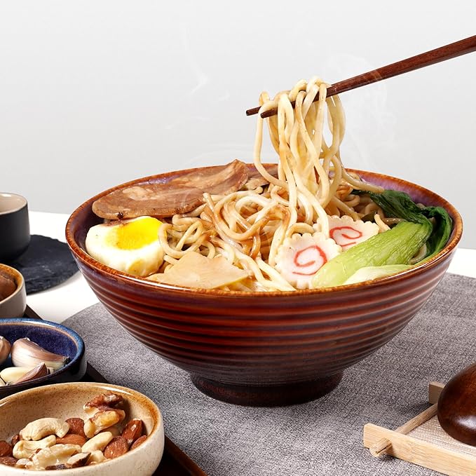 NUTRIUPS 8 Inch Ceramic Ramen Bowl Set of 2 Pho Bowls 40oz Japanese Noodle Udon Soup Bowls with Spoons and Chopsticks (Lavender)