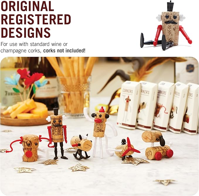 Corkers Classic Wine Accessories by Monkey Business, Collectible Novelty Gift, Pack of 6 Different Figurine Crafting Parts for Corks