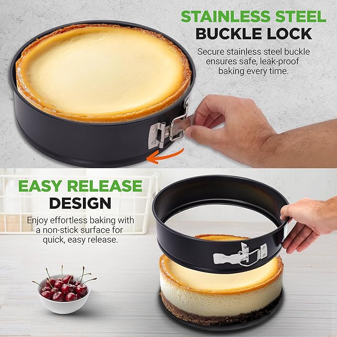 NutriChef 9 Inch Nonstick Cheesecake Springform Cake Pan | Stainless Steel Clasp & Removable Bottom | Durable Stainless Steel Cheesecake Pan | Easy to Clean | Includes 100 Parchment Papers | Black