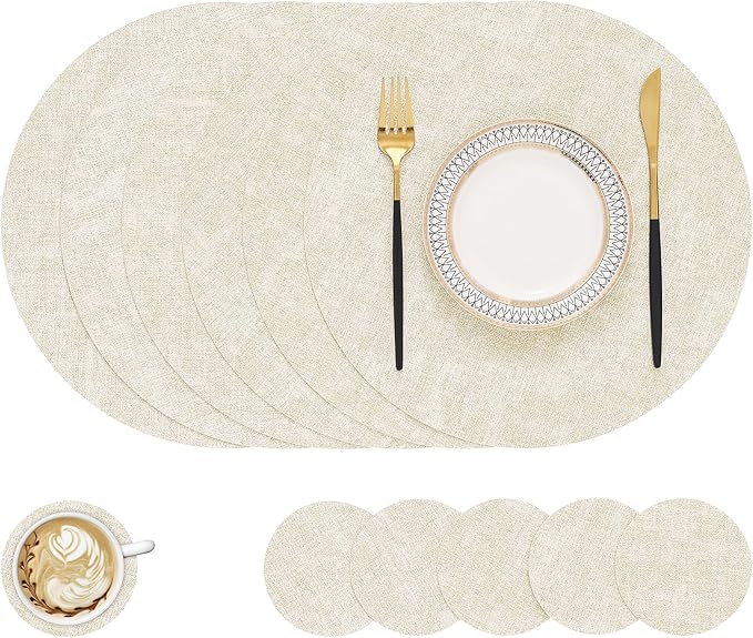 homing Round Faux Leather Placemat and Coaster 6 Packs, Washable Heat Resistant Dining Place Mats, Wipeable Double-Sided Table Mats for Indoor and Outdoor, Diameter 13 and 3.93 inch, Beige