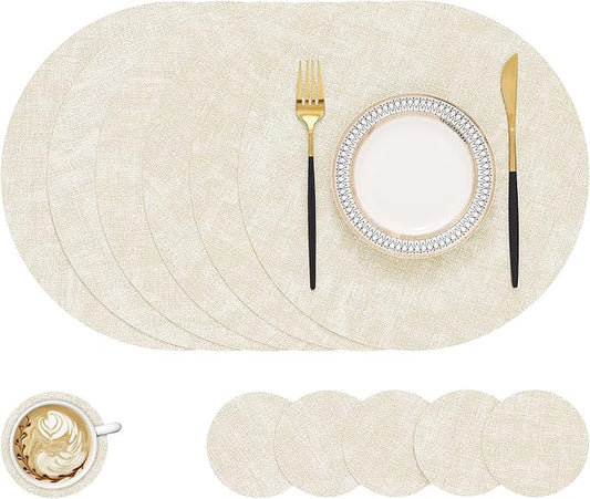 homing Round Faux Leather Placemat and Coaster 6 Packs, Washable Heat Resistant Dining Place Mats, Wipeable Double-Sided Table Mats for Indoor and Outdoor, Diameter 13 and 3.93 inch, Beige