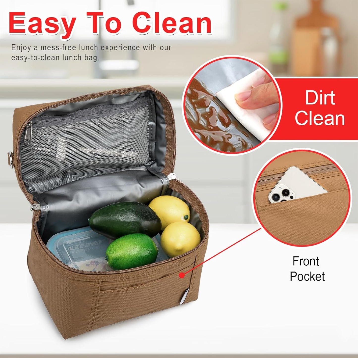 NOL Natural Organic Lifestyle Insulated Lunch Bags for Women Cooler Bag Lightweight Nylon Waterproof Lunch Box For Work (Medium(normal),Brown