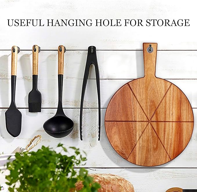 Pizza Peel 12 Inch, Wood Pizza Board with Handle, Round Pizza Paddle with Cutter, Pizza Cutting Board for Cheese Bread Fruit Vegetables, Pizza Accessories Supplies