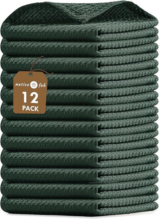 Native Fab 12 Pack Waffle Dish Cloths - 100% Cotton, Absorbent, Fast Drying, Reusable Towels for Cleaning, Cooking - Great for Everyday Use, Home, Restaurants, Bars & Cafes - 12" x 12" - Forest Green