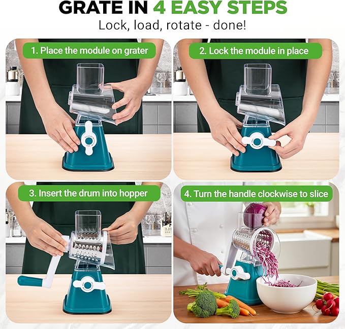 Nutrichef 3 in 1 Cheese Grater & Shredder | Strong Suction Base, Rotary Handle with Safety Lock | Includes Hand Crank & 3 Drum Blades for 3 Textures, Fine, Medium & Strips | Green