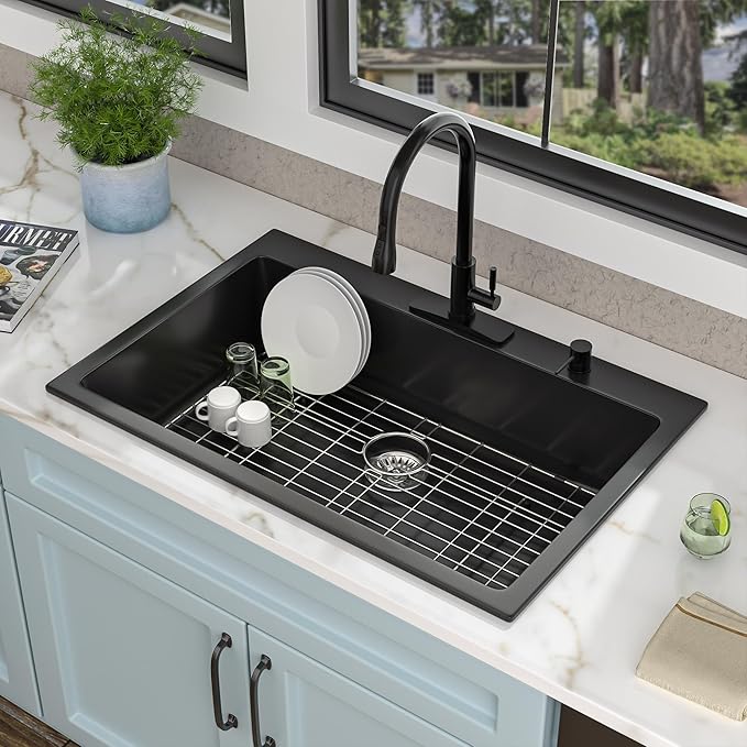 33 Granite Composite Kitchen Sink - Fulorni 33"×22" Granite Kitchen Sink Drop In Topmount Matte Black Quartz Classic Over Mount Single Bowl Sink Basin