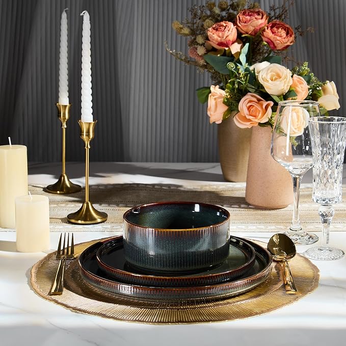 E-far Stoneware Dinnerware Sets, 18-Pieces Modern Plates and Bowls Sets, Kitchen Dinning Porcelain Dishes Set for 6, Chip & Scratch Resistant, Dishwasher & Microwave Safe, Blackish Green