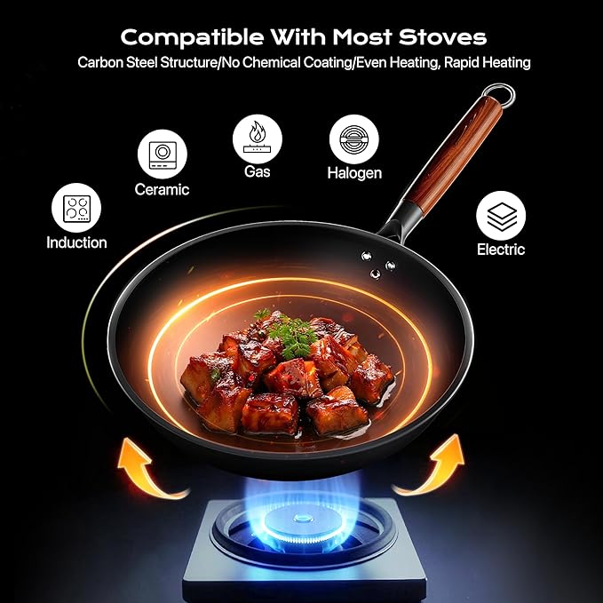 Carbon Steel Wok 13-Inch Wok Pan with Glass Cover Silicone Spatula, Non-Stick Surface Woks & Stir-Fry Pans Pre-Seasoned Chinese Wok Pan for Induction, Electric, Gas Stoves Cooking