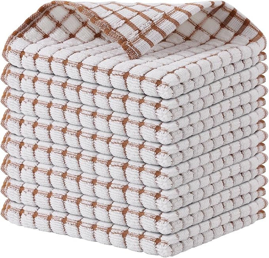 Kitinjoy Cotton 8 Pack Terry Kitchen Dish Cloths, 12 x 12 Inches Super Soft and Absorbent Dish Rags, Quick Drying Dish Towels for Washing Dishes, Brown