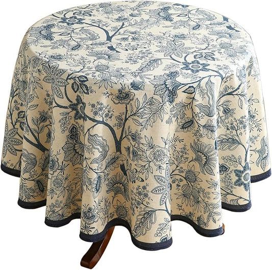 French Floral Tablecloth for Round Tables,Linen Table Cloth with Blue Flowers Pattern,Heavy Durable Table Cover for Dining Kitchen Decor Party Banquet Christmas, Diameter 55"