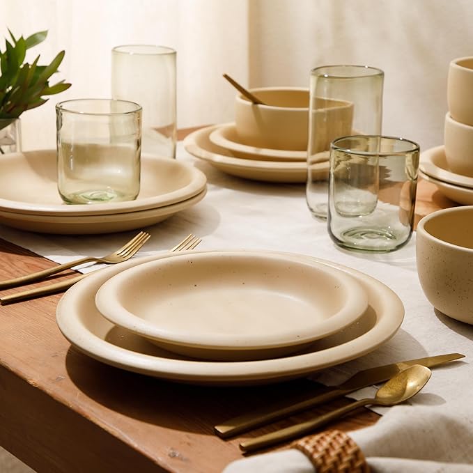 Bloomhouse - Two Time Oprah's Favorite Things Winner - Corsica Clay 12 Piece Stoneware Rustic Reactive Glaze Dinnerware Set - Stackable Plates Bowls Set. Service for 4 - Matte Finish Cappuccino Cream
