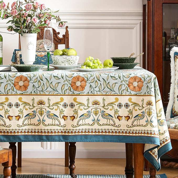 patdrea Designer French Linen Blue Tablecloth for Rectangle Table,Vintage Floral Table Cloth,Colorful Decoration Fall Cover Kitchen Dining for Thanksgiving,Christmas,63"x87"-Wensel