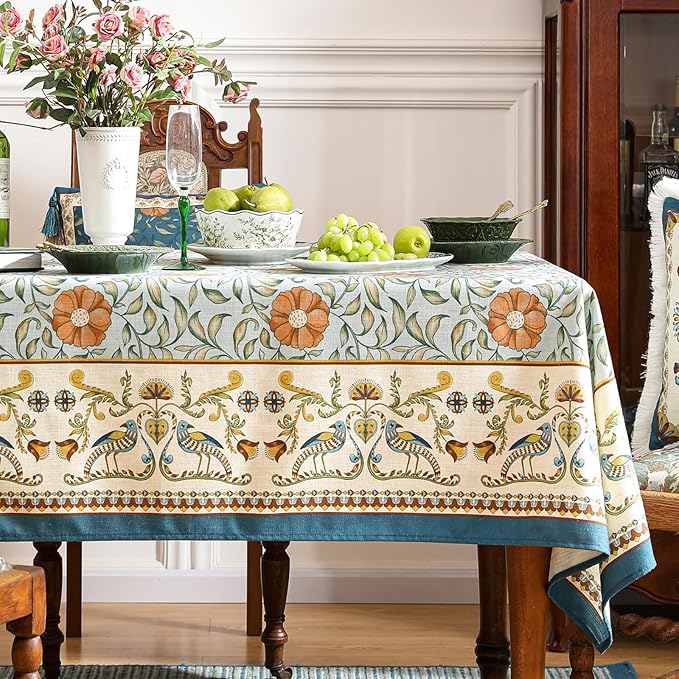 patdrea Designer French Linen Blue Tablecloth for Sqaure Table,Vintage Floral Table Cloth,Colorful Decoration Small Cover Kitchen Dining for Party,Thanksgiving,Christmas,55"x55"-Wensel
