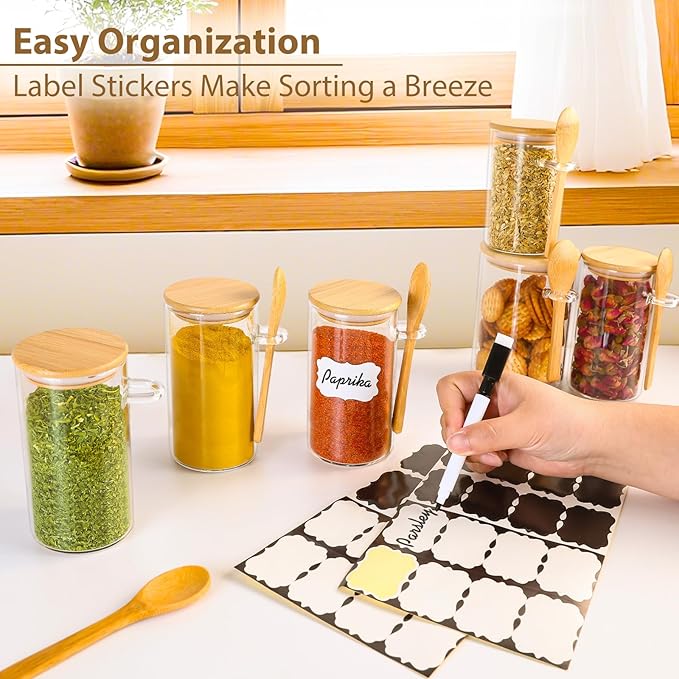 12 Pack 10 oz Round Glass Spice Jars with Lids and Spoons – Airtight Small Spice Containers Set with Labels, Clear Glass Storage Jars for Seasoning, Spices, Kitchen Pantry Organization