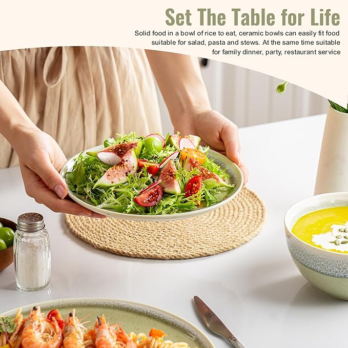 Plates and Bowls Sets, 12 Pieces Grass Green Dinnerware Sets for Kitchen, Reactive Glaze Dishes Set for 4, Dishwasher and Microwave Safe, Series Starflecked Shore (Grass Green)