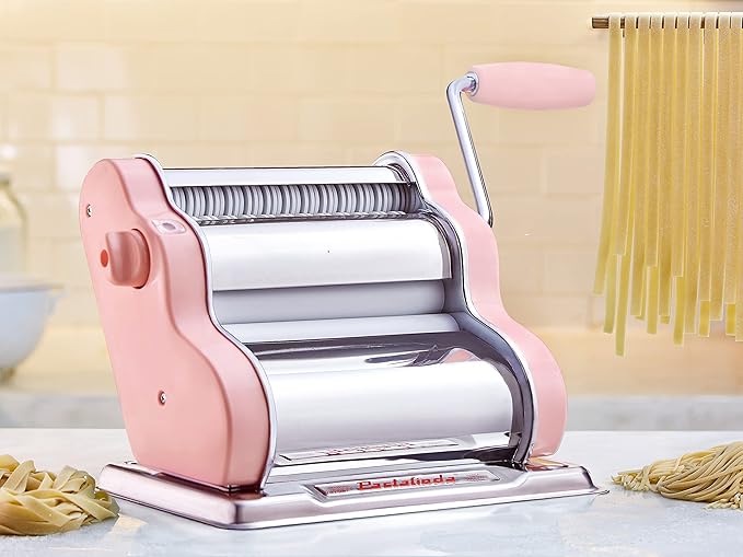 PASTALINDAClassic 200 Pasta Maker Machine, 20 cm Wide Rollers, 9 Thickness Positions, 2 Cutting Positions, Stainless Steel. Includes Reinforced Hand Crank And Two Clamps (Pink)
