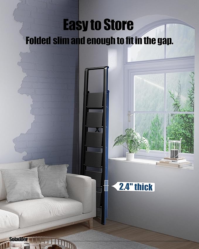 6 Step Ladder for 12 Feet High Ceiling, Folding Step Stool with Handgrip & Anti-Slip Wide Pedal, Portable Lightweight Aluminum Stepladder for Kitchen, Home (300 lbs Capacity) - Black