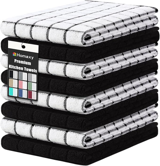 Homaxy Premium Cotton Kitchen Towels 16"x 28", Large Natural Ring Spun 390 GSM Dish Towels, Super Absorbent Terry Kitchen Hand Towels, Soft Tea Towel with Hanging Loop, Black Check Design, 8 Pack