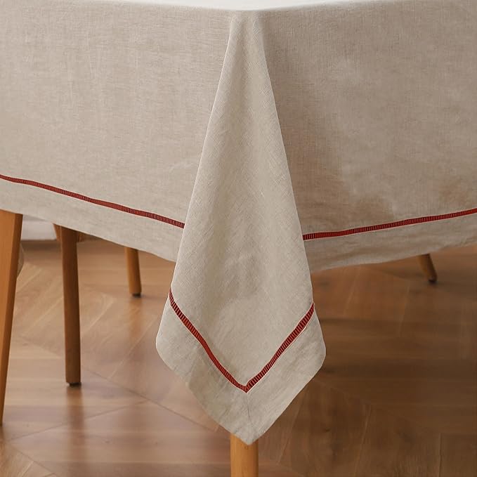 Linen World Hemstitch Linen Tablecloth, 100% Natural French Flax, 60x108Inch Handcrafted Natural-Rust Linen Table Cloth, Tabletop Decoration, Table Cloths for Kitchen, Dining, Daily Use