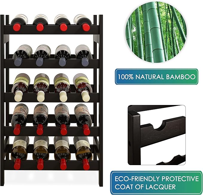 SMIBUY Bamboo Wine Rack, 20 Bottles Display Holder, 5-Tier Free Standing Storage Shelves for Kitchen, Pantry, Cellar, Bar (Black)