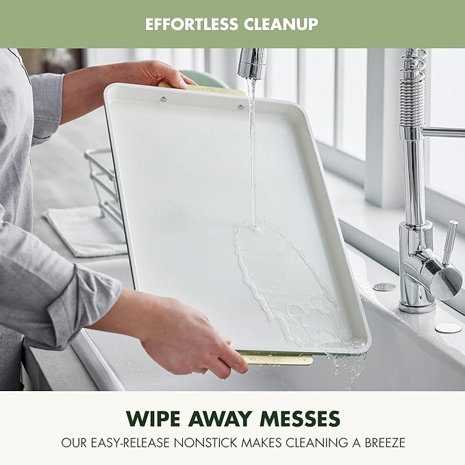 GreenPan Bakeware 13"x18" Half Baking Sheet Pan, Ceramic Nonstick Baking Pan, PFAS & BPA Free, Gold Handles, Durable Steel, Versatile & Space Saving Ovenware, Freezer to Oven Dish, Sage Green