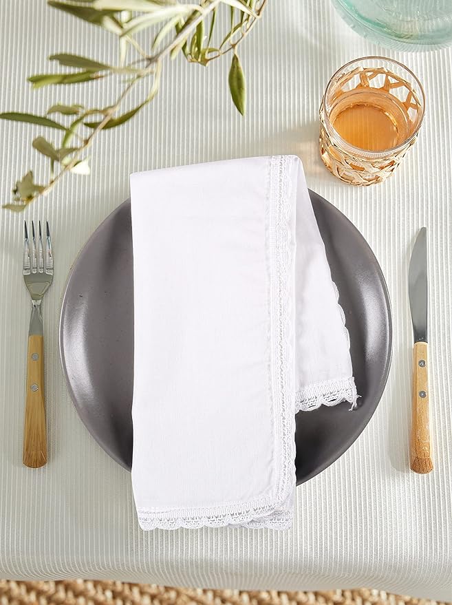 Hausattire Cloth Napkins 12 Pack 20x20 Inches Flax Cotton Washable and Reusable Table Dinner Napkins with Lace for Hotel,Thanksgiving,Weddings and Parties| Highly Absorbent Cloth Napkins|White